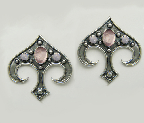 Sterling Silver Gothic Inspired Drop Dangle Earrings With Rose Quartz And Rainbow Moonstone